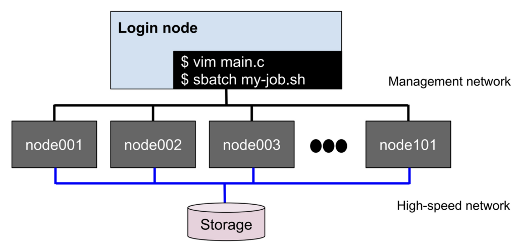 A simple diagram showing a login node, a set of compute nodes, and network storage. The login node is connected to compute nodes by a management network. The storage is connected to compute nodes by a high-speed network.